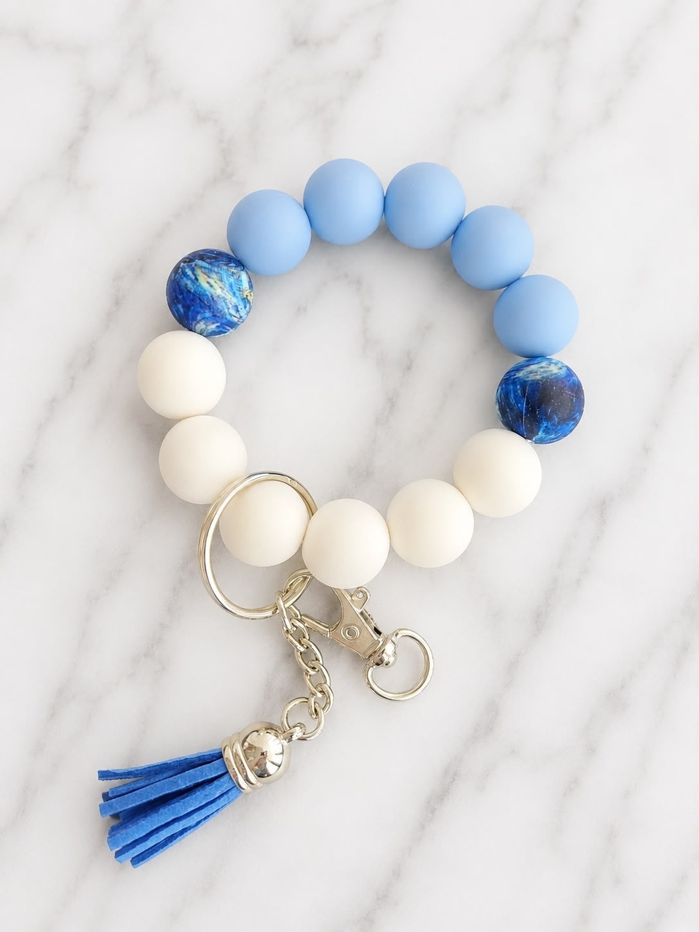 Blue & Cream Beaded Wristlet Keychain with Tassel